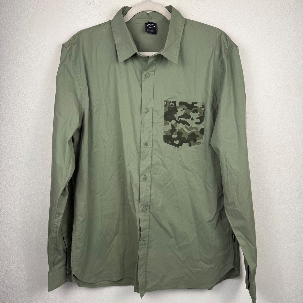 Oakley Mens Long Sleeve Button Down Shirt Olive Green Camo Pocket Large L